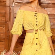 Romwe Off Shoulder Embroidered Eyelet Knot Hem Top