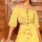 Romwe Off Shoulder Embroidered Eyelet Knot Hem Top