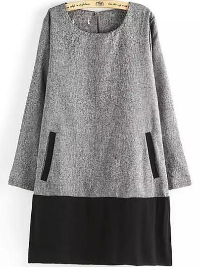 Romwe Color-block Long Sleeve Edge Pockets Dress