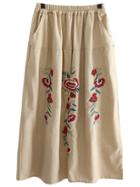 Romwe Flower Embroidered Elastic Waist Skirt - Beige