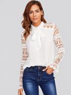 Romwe Geo Lace Sleeve Frilled Tie Neck Blouse