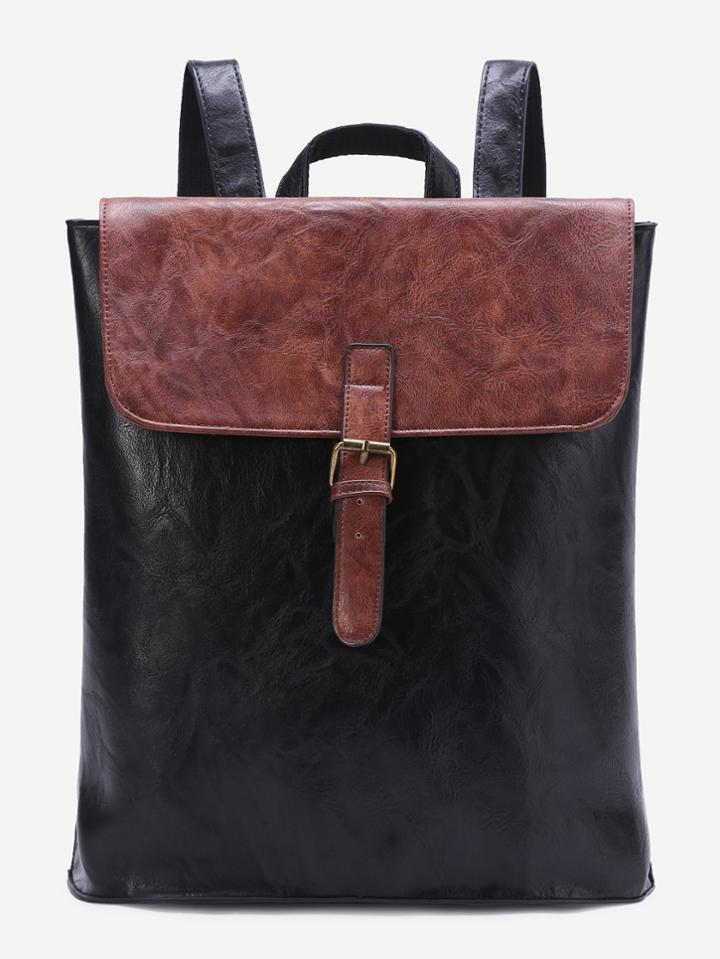 Romwe Black Contrast Top Front Buckle Pu Backpack