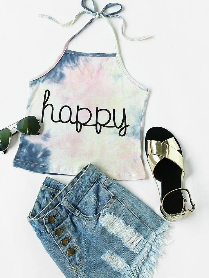 Romwe Halter Neck Water Color Letter Print Top