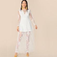 Romwe Zip Back Floral Lace Overlay Long Dress