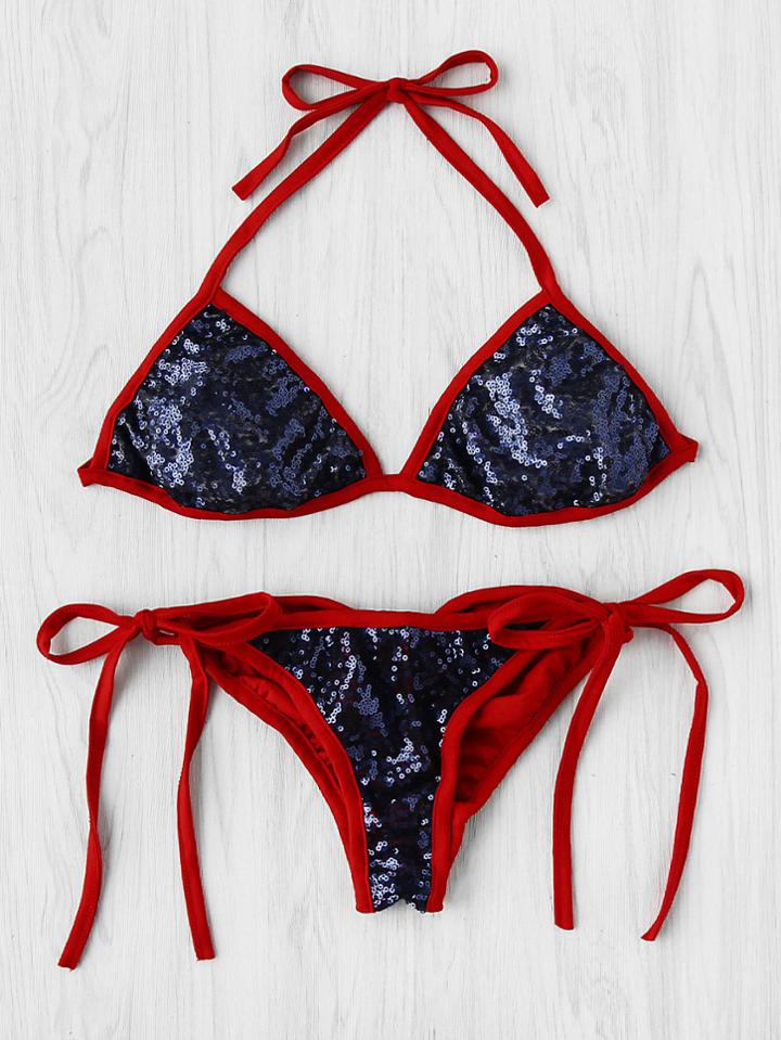 Romwe Sequin Detail Contrast Trim Triangle Bikini Set