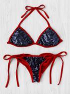 Romwe Sequin Detail Contrast Trim Triangle Bikini Set