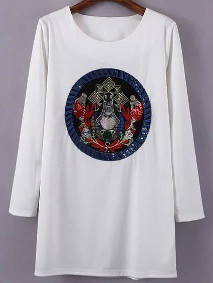 Romwe Sequined Embroidered Patch White Dress