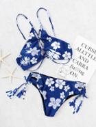 Romwe Flower Print Lace Up Bikini With Tassel