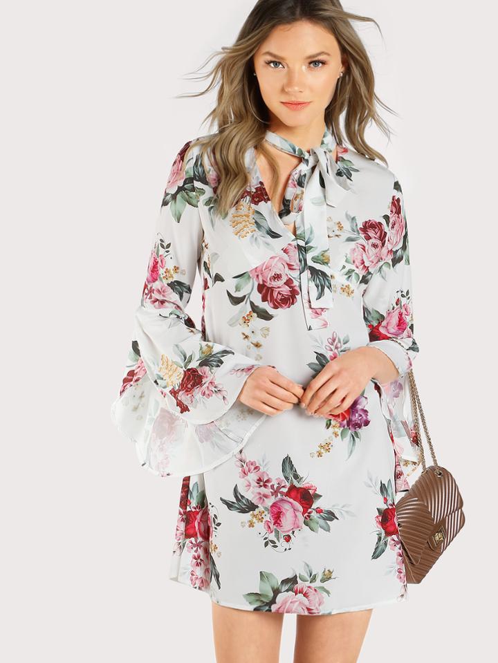 Romwe Overlap Bell Sleeve Tied Neck Floral Dress