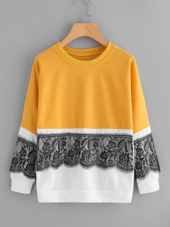 Romwe Lace Crochet Contrast Sweatshirt