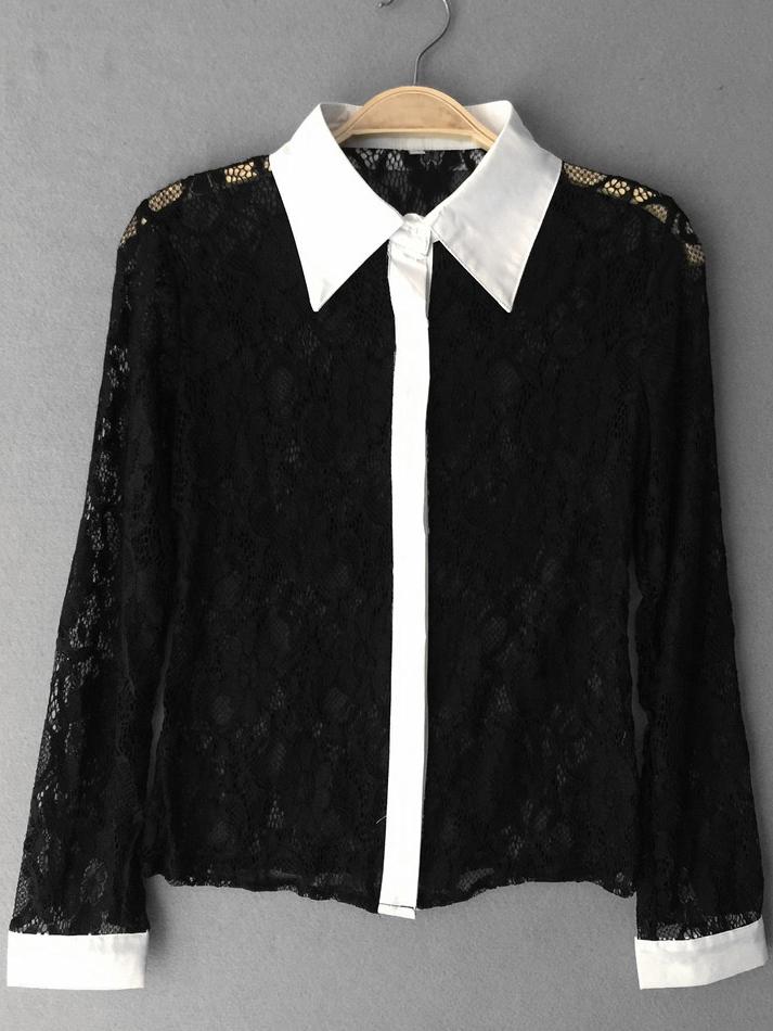 Romwe Lapel Button Lace Black Blouse