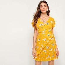 Romwe Floral Print Petal Sleeve Dress With Wrap Skirt