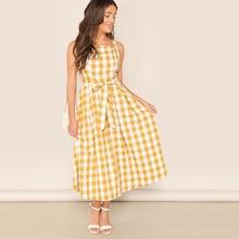 Romwe Square Neck Belted Plaid Dress