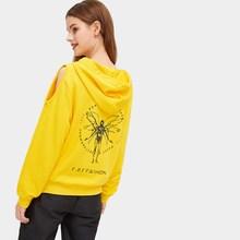 Romwe Figure And Slogan Print Cold-shoulder Drawstring Hoodie