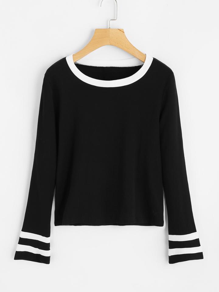 Romwe Stripe Contrast Flare Sleeve Tee