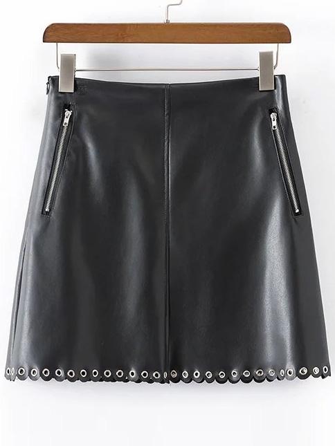 Romwe Black Eyelet Scalloped Zipper Pu Skirt