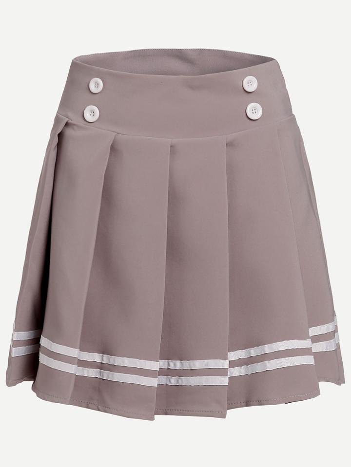 Romwe Grey Striped Hem Button Embellished Pleated Skort With Zipper
