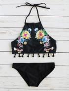 Romwe Black Floral Print Fringe Hem Halter Bikini Set