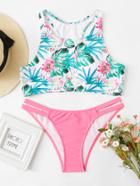 Romwe Tropical Print Cut Out Side Bikini Set