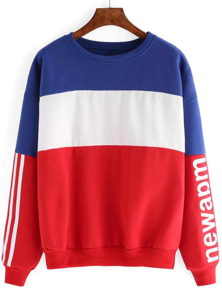 Romwe Letter Print Loose Red Blue Sweatshirt