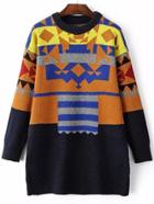 Romwe Geometric Print Navy Loose Sweater Dress