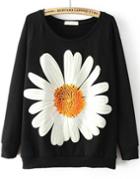 Romwe Sunflower Print Loose Black Sweatshirt