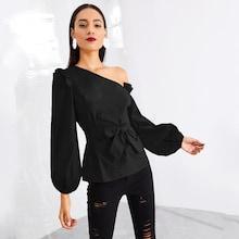 Romwe One Shoulder Bishop Sleeve Belted Peplum Top