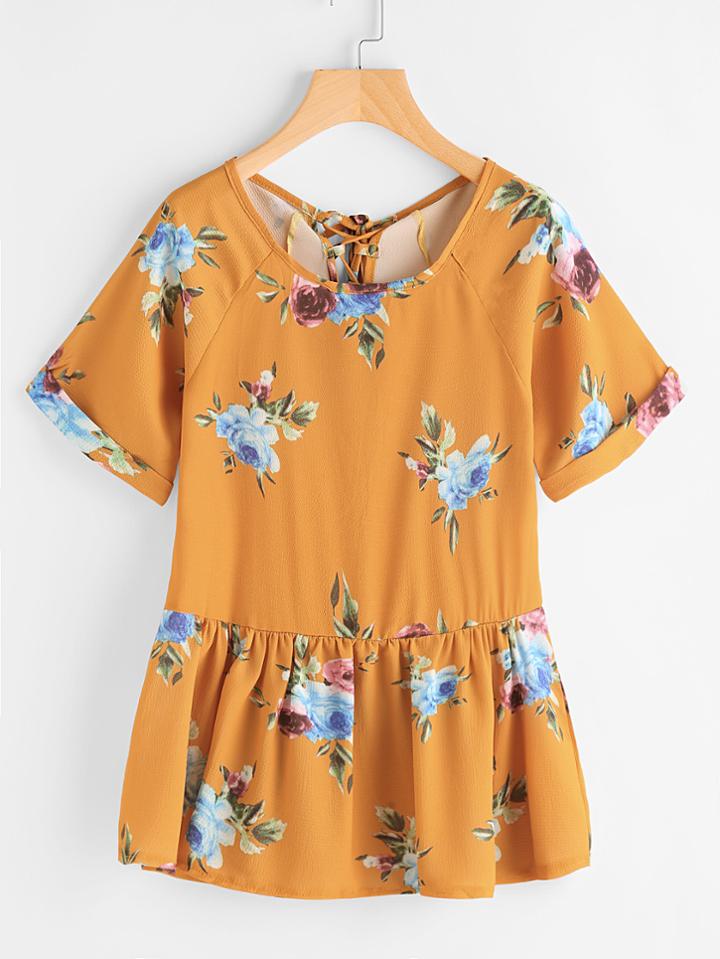 Romwe Allover Florals Lace Up Back Smock Top