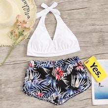 Romwe Halter Top With Random Tropical Shorts Bikini Set