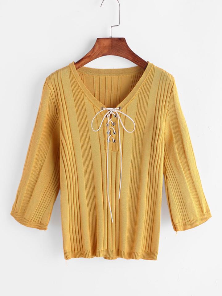 Romwe Yellow V Neck Lace Up Front Knitted T-shirt