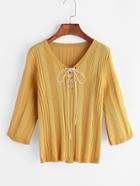 Romwe Yellow V Neck Lace Up Front Knitted T-shirt