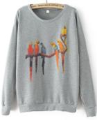 Romwe Parrot Print Grey Loose Sweatshirt