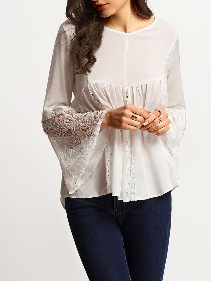 Romwe White Bell Sleeve Dip Hem Lace Insert Blouse