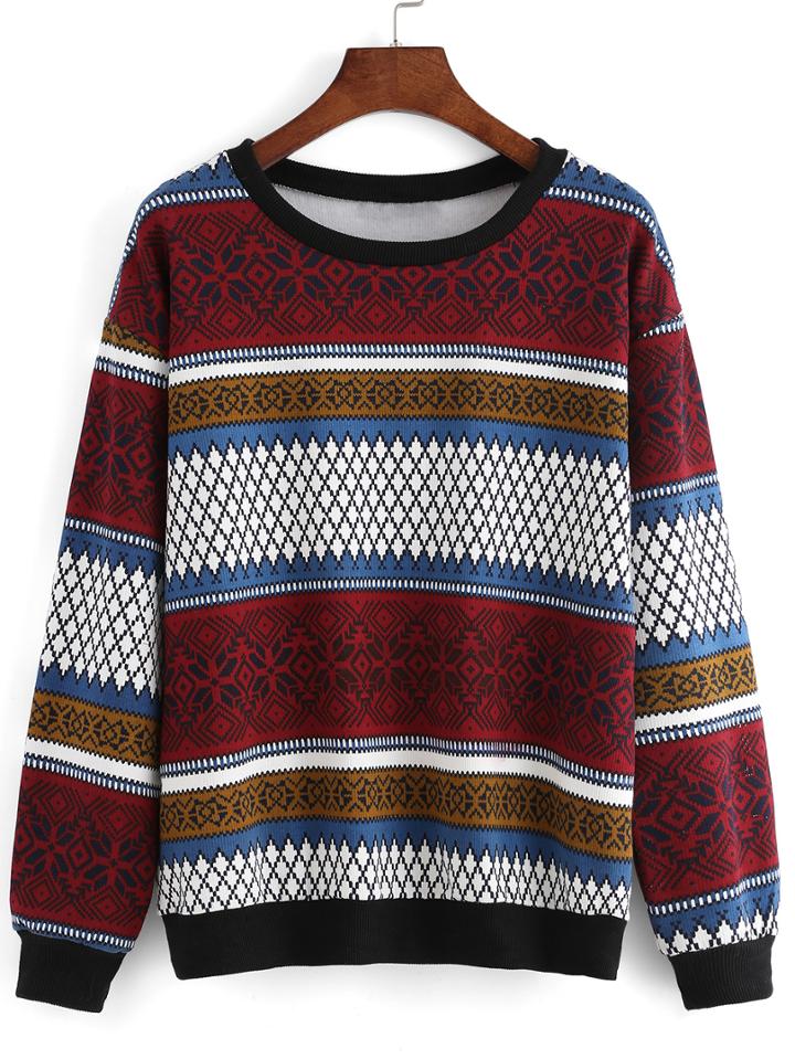 Romwe Geometric Print Loose Red Sweatshirt