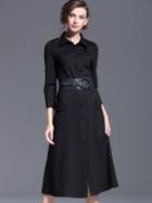 Romwe Black Lapel Length Sleeve Drawstring Pockets Dress
