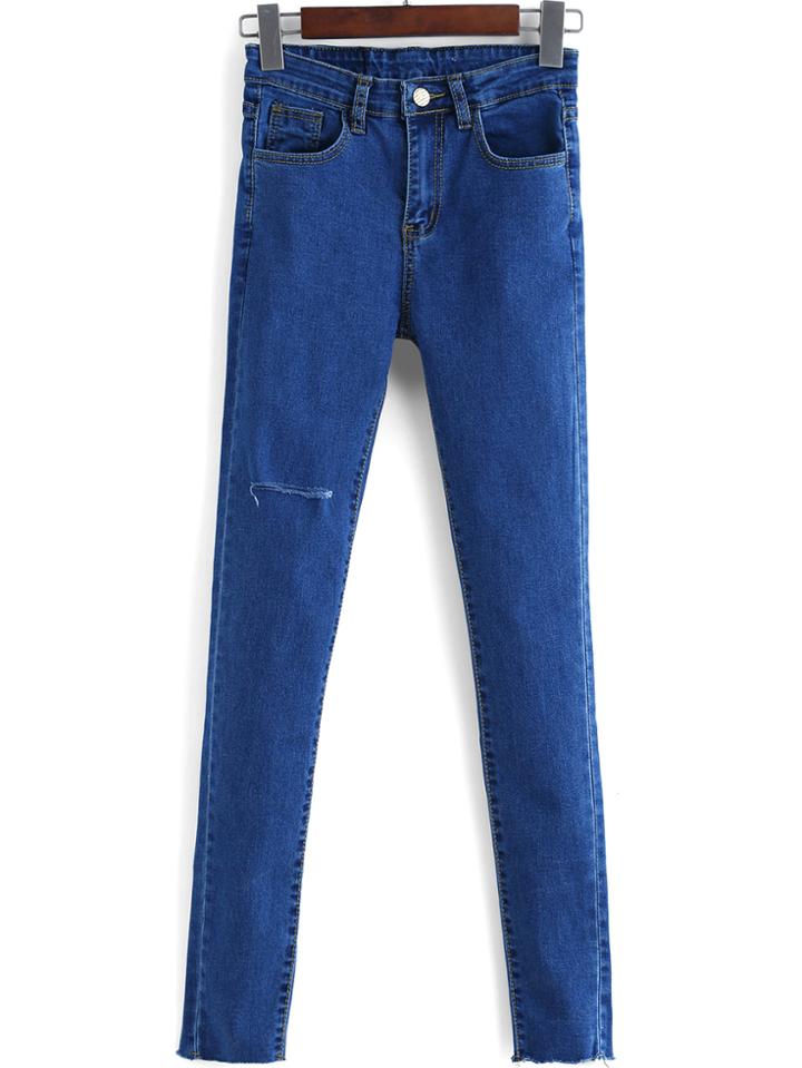 Romwe High Waist Ripped Denim Blue Pant