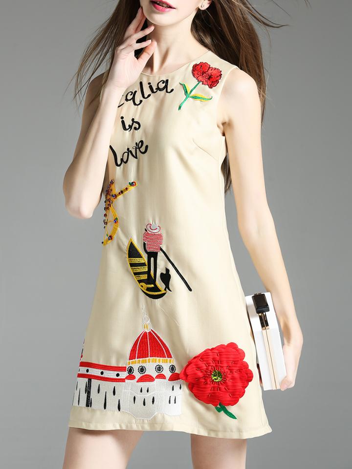 Romwe Nude Beading Embroidered Shift Dress