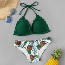 Romwe Scalloped Trim Halter Top With Random Tropical Bikini