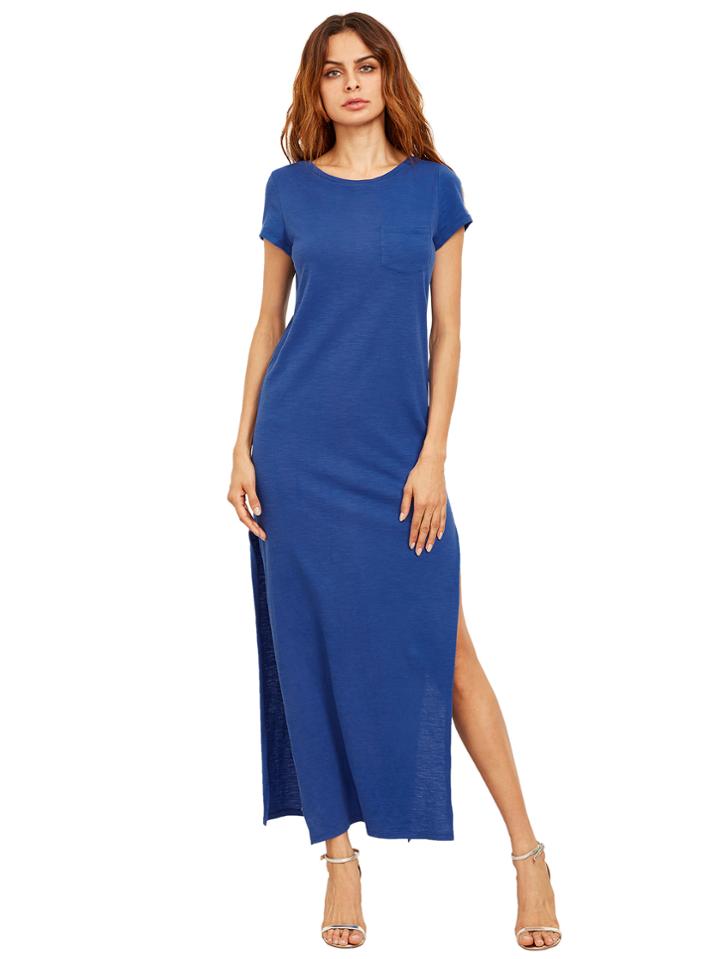 Romwe Royal Blue Short Sleeve Pocket Split Dress