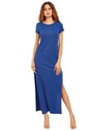 Romwe Royal Blue Short Sleeve Pocket Split Dress