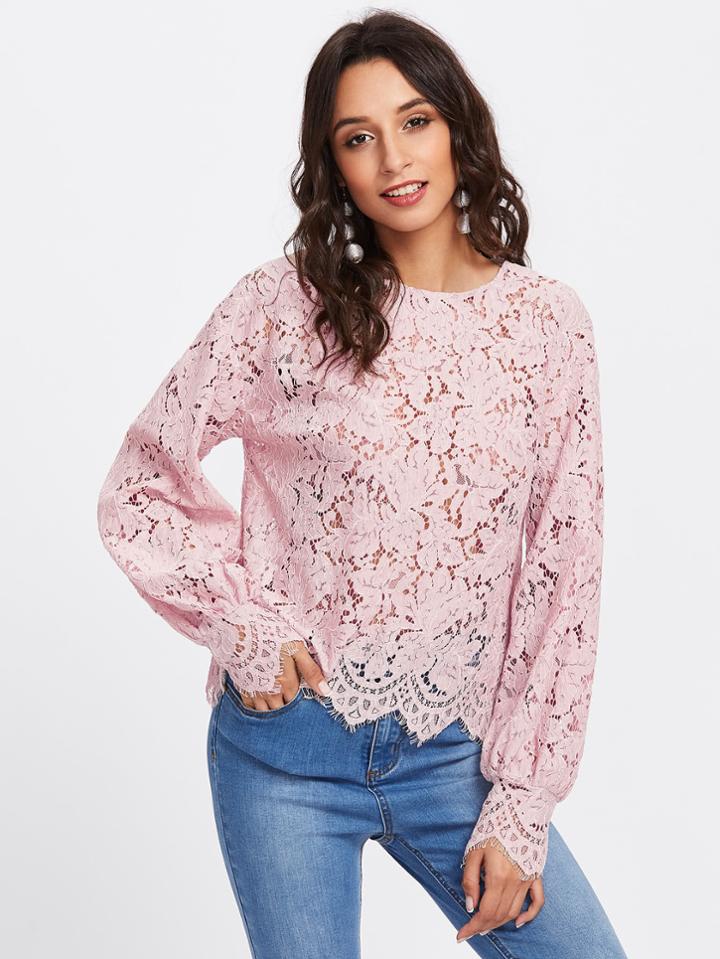 Romwe Bishop Sleeve Floral Lace Top
