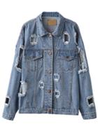 Romwe Blue Single Breasted Ripped Denim Jacket