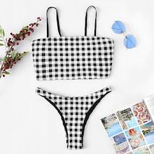 Romwe Gingham Print Top With High Leg Bikini Set