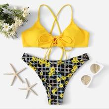 Romwe Criss Cross Random Plaid & Floral Bikini Set