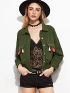 Romwe Army Green Eyelet Fringe Trim Denim Jacket