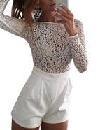 Romwe Long Sleeve Hollow Lace Paneled Romper