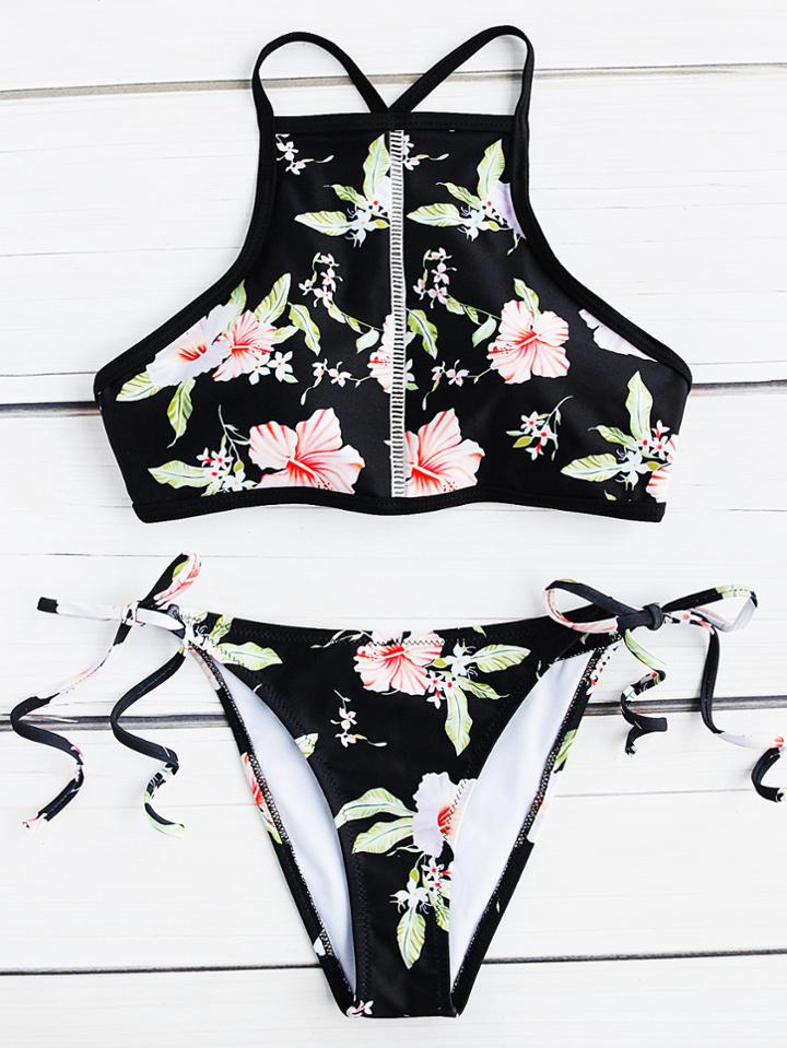 Romwe Black Flower Print Lace Insert Racer Bikini Set