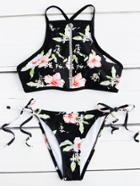 Romwe Black Flower Print Lace Insert Racer Bikini Set