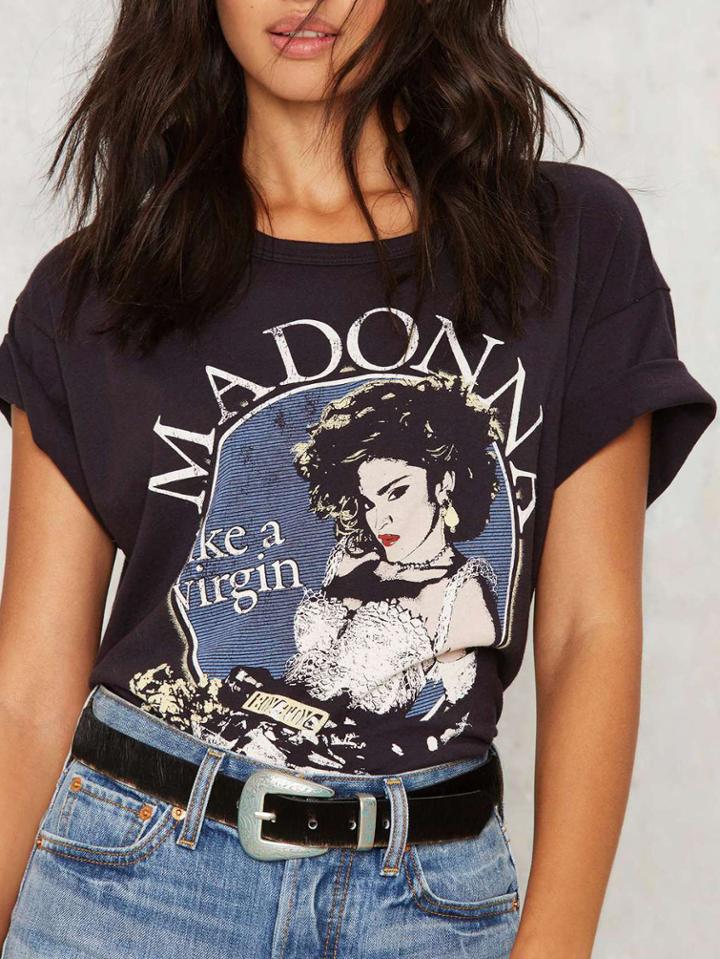 Romwe Black Madonna Print Cuffed T-shirt