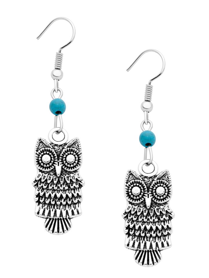 Romwe Antique Silver Carved Owl Drop Earrings